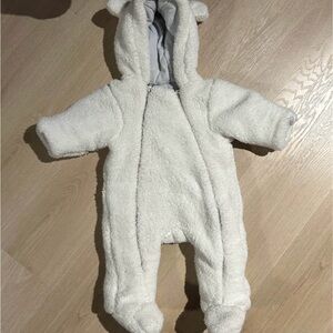 Little Me Cream and White Footie Onesie with Hood and Built-in Feet